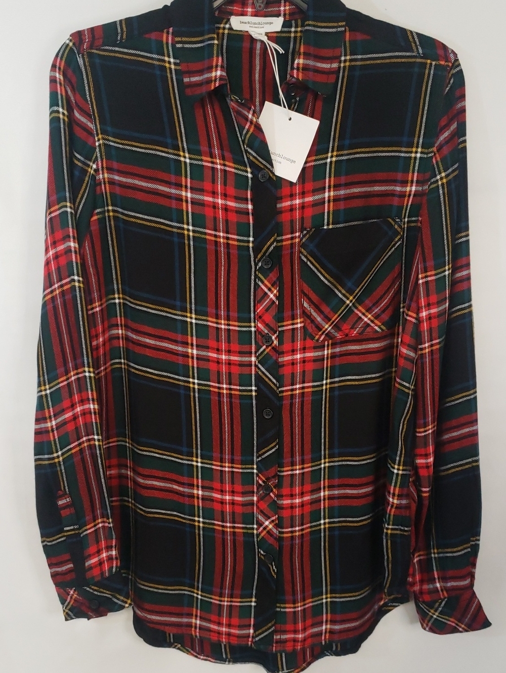 Beachlunchlounge Red, Black, Green Plaid Button-Down Shirt, XS